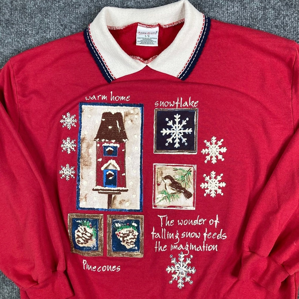 Bobbie Brooks Sweatshirt Womens L Red Winter Holiday Snowflake Collared Top
